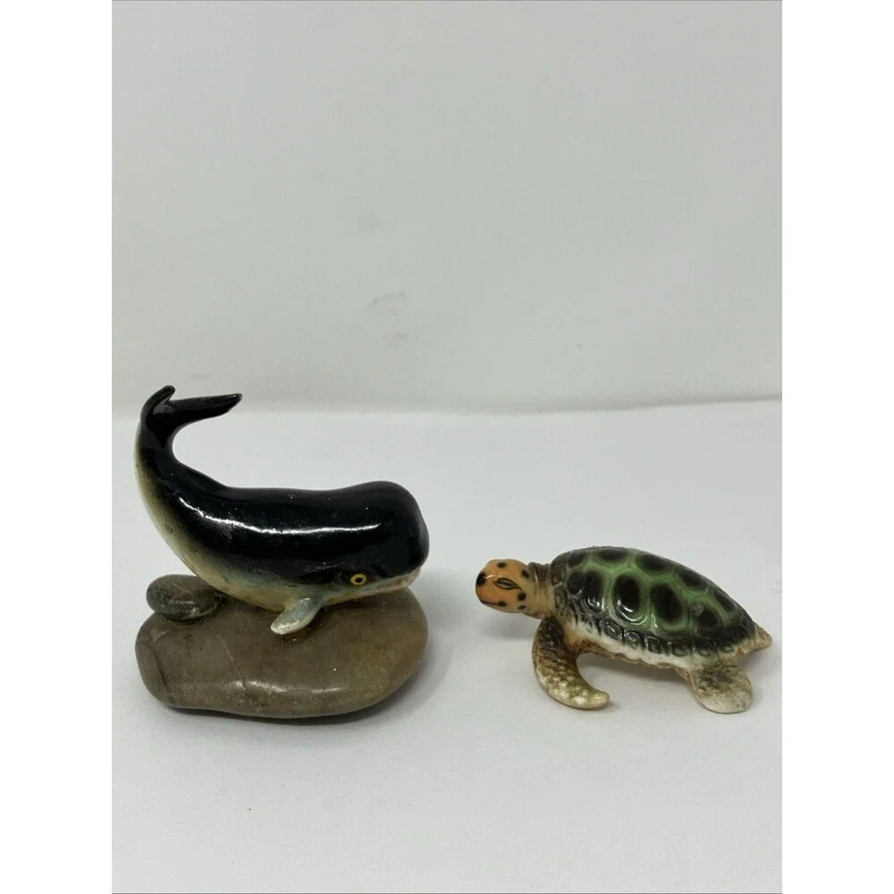 Vintage Ceramic Animal Figurine Lot Of 2 Miniature Whale On Stone & Sea Turtle